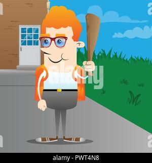 La tenue d'écolier club en bois dans sa main. Vector cartoon character illustration. Illustration de Vecteur