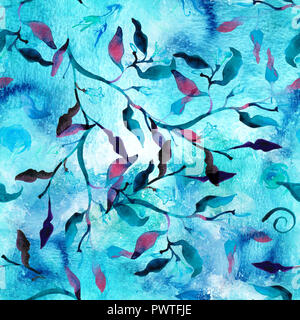 Contexte aquarelle transparente avec motif abstract formes organiques dans l'eau bleu, imprimé graphique sous-marine Banque D'Images