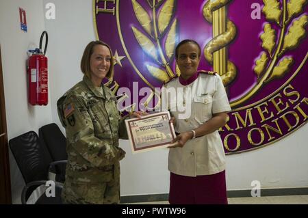 Les Américains et gabonais participent à la cérémonie de clôture de l'exercice d'entraînement de préparation médicale 17-4 à l'Hôpital d'instruction des Armees à Libreville au Gabon, le 23 juin. MEDRETE 17-4 comprend des participants de l'armée américaine, le gouvernement gabonais d'Afrique, et le 14e Hôpital de soutien au combat à Fort Benning, Géorgie Il est le quatrième d'une série d'exercices de préparation médicale qu'USARAF est prévue pour faciliter dans divers pays d'Afrique. L'exercice mutuellement avantageux offre des possibilités pour les militaires en partenariat afin de partager les meilleures pratiques et d'améliorer le processus de traitement médical Banque D'Images