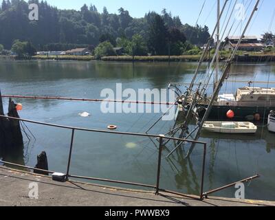 La Donna, un navire de pêche de 40 pieds, se trouve au bas de la rivière près de Hoquiam Hoquiam, Washington, 5 juillet 2017. Le bateau de pêche a coulé à son amarrage tard dans la nuit du 4 juillet pour des raisons inconnues. Banque D'Images