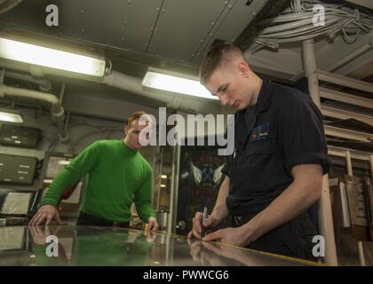 Mer Méditerranée (29 juin 2017) l'Aviation Machiniste 4400 Tietsort Airman Dallas, à gauche, et l'Aviateur Aviation Mécanicien structurels Justin Miller mesurer et couper des feuilles de métal dans le jet shop à bord du porte-avions USS George H. W. Bush (CVN 77). Le navire et son groupe aéronaval mènent des opérations navales dans la sixième flotte américaine zone d'opérations à l'appui de la sécurité nationale des États-Unis en Europe et en Afrique. ( Banque D'Images