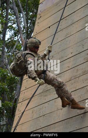 Le Sgt. Martin Bushay, affecté à la 3e Escadron, 4e régiment de cavalerie, 3e Brigade Combat Team, 25e Division d'infanterie, procède à un rappel à l'Académie de la foudre à l'éventail, le 6 juillet 2017. Des soldats du 3e BCT formés avec Reserve Officer Training Corps (ROTC) cadets participant à cette année, la troupe des cadets de l'ID 25 La formation en leadership (CTLT) à Schofield Barracks, à Hawaï. Banque D'Images