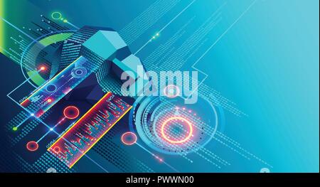 L'intelligence artificielle et de l'information Résumé des analyses de données numériques sur une interface graphique virtuelle ou hud. Poly faible tête ou le visage personnifie l'IA. L'apprentissage machine concept futur Illustration de Vecteur