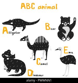 Vector hand drawn cute animal alphabet abc design scandinave, alligator, l'ours, le chameau, le dinosaure, l'UEM Illustration de Vecteur