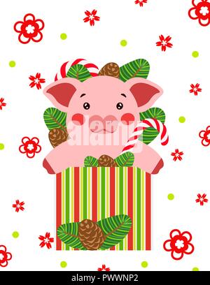 Bonne année cochon mignon en boite cadeau carte postale en chinois. Symbole de l'année 2019 vector illustrtion Illustration de Vecteur