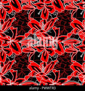 Fleurs rouge et noir motif transparent lilly. Vector illustration. Illustration de Vecteur