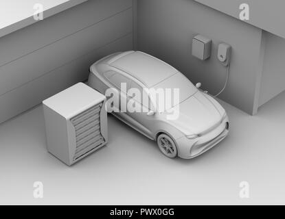 Le rendu d'argile de la recharge du véhicule électrique dans le garage. Station de charge alimentés par les batteries réutilisées. Le rendu 3D image. Banque D'Images