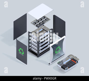 Vue éclatée des batteries des véhicules électriques réutilisés avec paquet de batterie EV Vue en coupe. Recycler les batteries EV concept. J'ai rendu 3D Banque D'Images