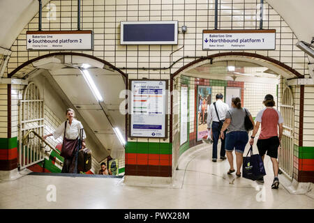 Londres Angleterre,Royaume-Uni,Piccadilly Circus métro Station métro ligne, Bakerloo ligne, métro ligne, plate-forme accès escaliers, tunnel, homme hommes, femme femme W Banque D'Images