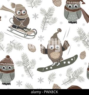 Transparente avec motif vecteur sport cute owls et treebranches et cônes de sapin. Noël arrière-plan pour les impressions textiles, papier d'emballage, d'accueil et ca Illustration de Vecteur