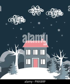 Cartoon paysage d'hiver, avec chambre et snow hill. Vector Illustration. Design stylisé, l'arrière-plan pour l'affiche, flyer, brochure, couverture, la bannière. Soit i Illustration de Vecteur