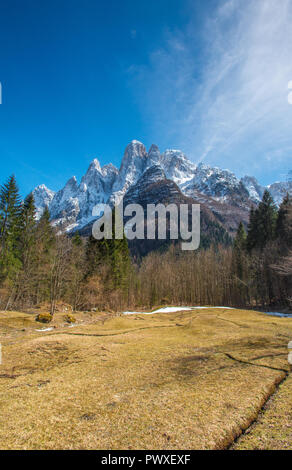 Montagnes escarpées, encore plein de neige à la fin de l'hiver, la fonte des neiges dans la vallée, prairie avec Brown de l'herbe, des plantes vertes et un ciel bleu. Banque D'Images