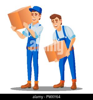 Travailleur de livraison en uniforme porte une lourde boîte vecteur. Illustration isolé Illustration de Vecteur