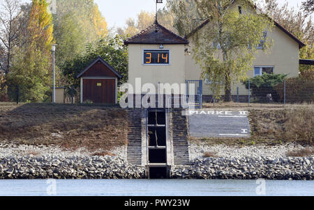 Karlsruhe, Allemagne. 18 Oct, 2018. La jauge du Rhin près de Karlsruhe Maxau indique une hauteur de 3,14 mètres. Après des mois de sécheresse, le niveau du Rhin à Karlsruhe est tombée à un faible. À 3,14 mètres jeudi matin (Maxau jauge), la valeur est 3,20 mètres au-dessous de la valeur du 22 septembre 2003, selon le centre de prévision des inondations dans la région de Bade-Wurtemberg. Credit : Uli Deck/dpa/Alamy Live News Banque D'Images