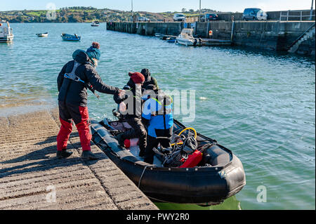 Schull, West Cork, Irlande. 18 Oct, 2018. Les membres de la National Parks and Wildlife Service board leur RIB à passer une journée en comptant les phoques et leurs petits autour des îles près de Schull dans le cadre de la politique de conservation du gouvernement irlandais. La journée sera sèche et lumineuse avec éclaircies et des températures de 11 à 14°C. Credit : Andy Gibson/Alamy Live News. Banque D'Images