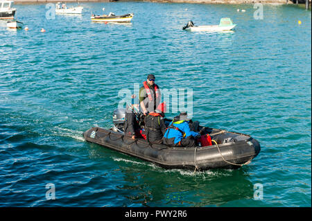 Schull, West Cork, Irlande. 18 Oct, 2018. Les membres de la National Parks and Wildlife Service board leur RIB à passer une journée en comptant les phoques et leurs petits autour des îles près de Schull dans le cadre de la politique de conservation du gouvernement irlandais. La journée sera sèche et lumineuse avec éclaircies et des températures de 11 à 14°C. Credit : Andy Gibson/Alamy Live News. Banque D'Images