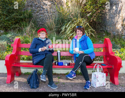 Cobh, Cork, Irlande, 18 octobre, 2018. Margaret Lockhart, Leigh on Sea, Essex et son amie Fran Whitty, Cobh en tenant un plateau sur le front de mer de Whitepoint, Cobh, dans le comté de Cork, Irlande Crédit : David Creedon/Alamy Live News Banque D'Images