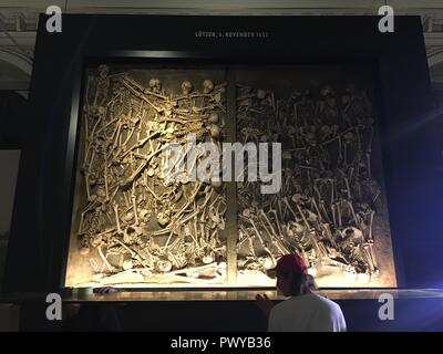 Vienne, Autriche. 16 Oct, 2018. Une fosse commune avec 47 victimes, tués à la bataille de Lützen dans la guerre de Trente Ans, enregistré dans le musée d'histoire naturelle de Vienne (NHM). La tombe fait partie de l'exposition 'Krieg. Sur les sentiers de l'évolution", qui sera présentée du 24 octobre au 28 avril 2019. (Dpa : 'un trésor presque inconnue des os - un spectacle sur l'histoire de guerre' à partir de 19.10.2018) Crédit : Matthias Röder/dpa/Alamy Live News Banque D'Images