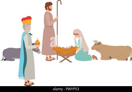 Sainte Famille avec l'homme sage et d'animaux Illustration de Vecteur