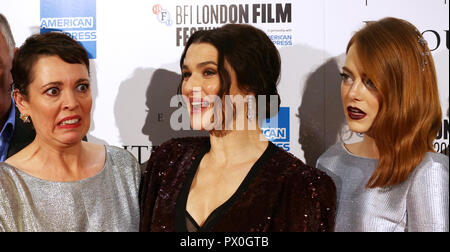 Olivia Colman, Rachel Weisz et Emma Stone qui fréquentent le Royaume-uni première du favori dans la BFI Southbank pour le 62e Festival du Film de Londres BFI Banque D'Images