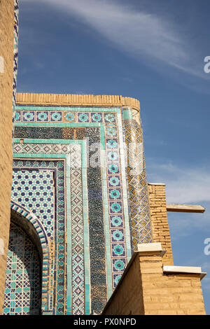 Close up détails de mosaïques bleu coloré au complexe funéraire Shah-i-Zinda Ensemble à Samarkand (Ouzbékistan). Banque D'Images