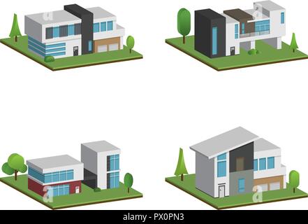 Ensemble de quatre maisons isométrique et maisons modernes, de conception 3D et de l'architecture moderne avec sol, Vector collection d'accueil 3D illustration sur w Illustration de Vecteur