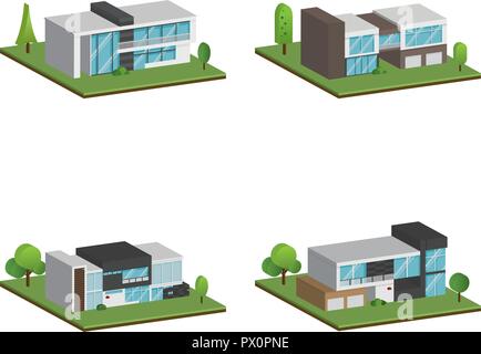 Ensemble de quatre maisons isométrique et maisons modernes, de conception 3D et de l'architecture moderne avec sol, Vector collection d'accueil 3D illustration sur w Illustration de Vecteur