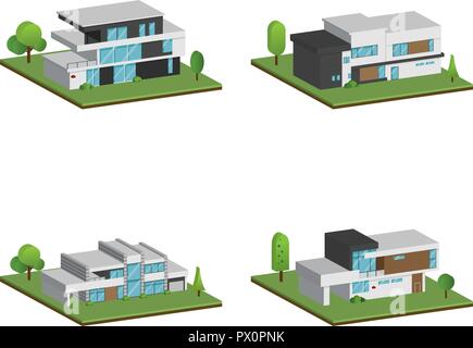 Ensemble de quatre maisons isométrique et maisons modernes, de conception 3D et de l'architecture moderne avec sol, Vector collection d'accueil 3D illustration sur w Illustration de Vecteur