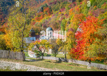 Monastère de Cozia Stanisoara dans le parc national. En automne, Cozia Carpates, Roumanie. Banque D'Images