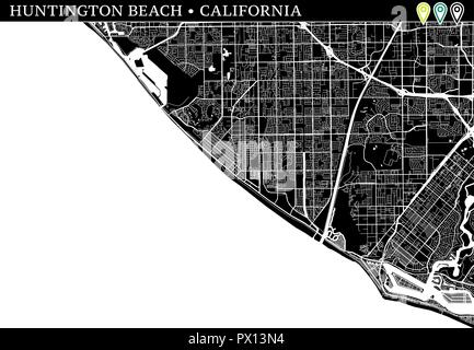 Carte simple de Huntington Beach, Californie, USA. Version noir et blanc pour les fonds. Cette carte de Huntington Beach contient trois marqueurs qui sont Illustration de Vecteur