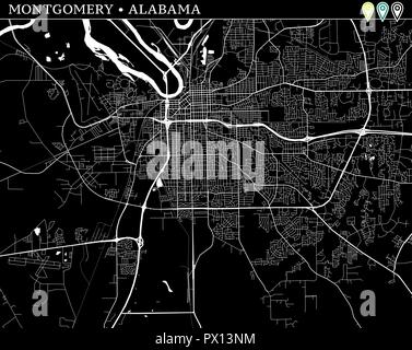 Simple Plan de Montgomery, Alabama, USA. Version noir et blanc pour les fonds. Cette carte de Montgomery contient trois marqueurs qui sont regroupés et peut Illustration de Vecteur