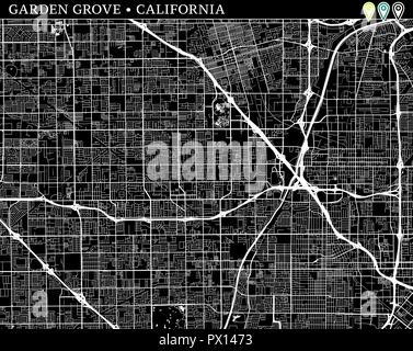 Simple Plan de Garden Grove, Californie, USA. Version noir et blanc pour les fonds. Ce plan de Garden Grove contient trois marqueurs qui sont regroupés Illustration de Vecteur