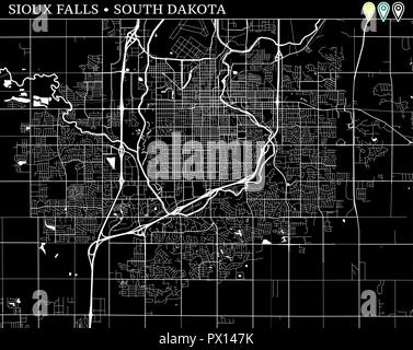 Simple Plan de Sioux Falls, Dakota du Sud, USA. Version noir et blanc pour les fonds. Cette carte de Sioux Falls contient trois marqueurs qui sont regroupés Illustration de Vecteur