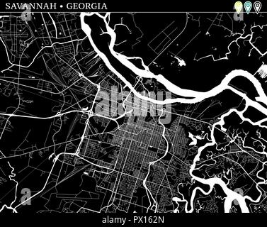 Carte simple de Savannah, Georgia, USA. Version noir et blanc pour les fonds. Cette carte de Savannah contient trois marqueurs qui sont regroupés et peuvent être Illustration de Vecteur