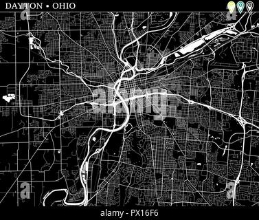 Simple Plan de Dayton, Ohio, USA. Version noir et blanc pour les fonds. Cette carte de la Dayton contient trois marqueurs qui sont regroupés et peut être déplacé s Illustration de Vecteur