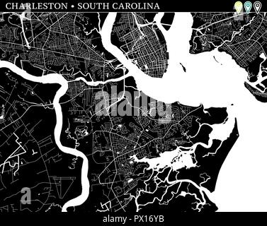 Simple carte de Charleston, Caroline du Sud, USA. Version noir et blanc pour les fonds. Cette carte de Charleston contient trois marqueurs qui sont regroupés Illustration de Vecteur