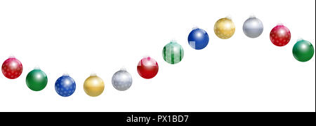 Des boules de Noël. Or, argent, rouge, vert et bleu glossy Christmas avec ornements flocon formant une vague. Banque D'Images
