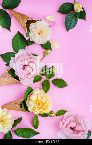 Fond rose avec des pivoines et des cônes alvéolés, saveurs naturelles Banque D'Images