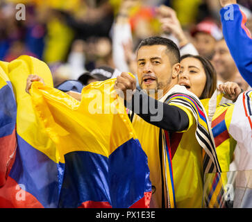 Harrison, NJ - 16 octobre 2018 : Fête des fans de Colombie au cours de la match de football amical entre le Costa Rica et la Colombie au Red Bull Arena La Colombie a remporté 3 - 1 Banque D'Images