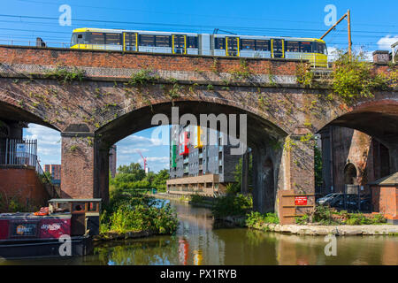 Tramway Metrolink victorienne sur un pont ferroviaire à quai de pommes de terre sur le Canal de Bridgewater à Castlefield, Manchester, Angleterre, RU Banque D'Images