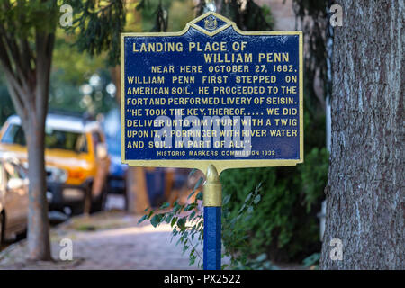 New Castle, dans le Delaware, USA - 23 septembre 2015 : Un marqueur historique sur le débarquement de William Penn dans l'actuel Delaware. Banque D'Images