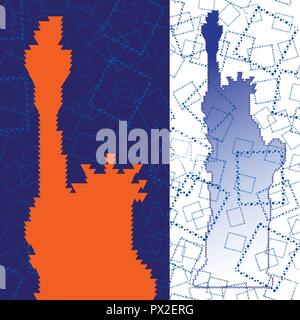 Résumé de Silhouette triangulé Statue de la liberté avec carré bleu arrière-plan. United States célèbre monument de voyage. Monument polygonaux colorés Illustration de Vecteur