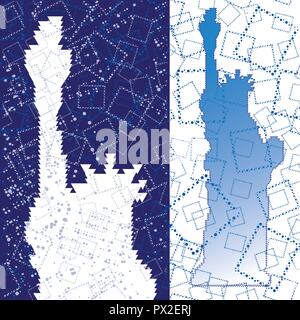Abstract Silhouette de la Statue de la liberté triangulées avec carré bleu arrière-plan. United States célèbre monument de voyage. Monument polygonaux colorés Illustration de Vecteur