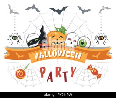 Halloween Party. Carte de souhaits avec drôle de personnages de dessins animés. Modèle plat. Vector illustration. Illustration de Vecteur