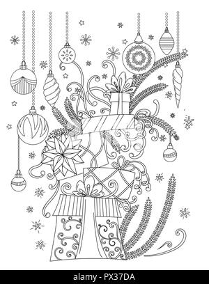 Coloriages de Noël. Livre de coloriage pour les adultes. Maison de vacances pile de cadeaux. Décoration de Noël, caricature des boîtes-cadeaux, rubans, boules, étoiles et flocons de neige. Contours dessinés à la main, l'illustration vectorielle. Illustration de Vecteur