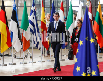 Bruxelles, Belgique. 18 Oct 2018. Sebastian Kurz, le Chancelier fédéral d'Autriche arrive pour la réunion du Conseil européen à Bruxelles, Belgique le 18 octobre 2018.Le sommet se concentre sur la migration et les politiques de sécurité. Credit : Michal Bielsk Podlaski/Alamy Live News Banque D'Images