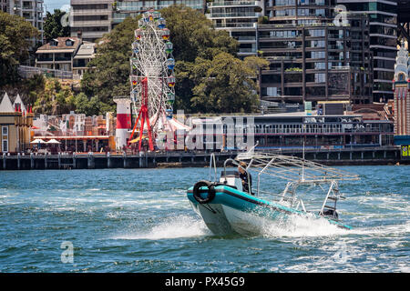 Petit bateau de vitesse des déplacements à grande vitesse en face de Luna Park Grande Roue dans le port de Sydney, Sydney, Australie, le 7 janvier 2015 Banque D'Images