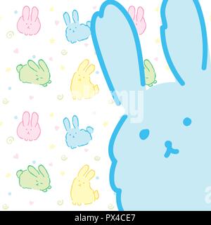 Modèle avec fond carte lapins lapins cute kawaii fluffy bunny bleu papier peint design carte avec portrait de Pâques lapin lièvre kawaii d Illustration de Vecteur