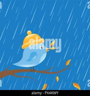 Petit oiseau à l'automne sur un jour de pluie cartoon vector illustration EPS10 Illustration de Vecteur