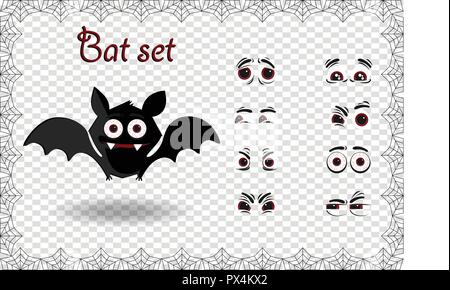 Vector set Halloween pour la création de personnage kawaii cartoon noir bat avec les crocs et différentes émotions sur fond transparent encadrées avec elegan Illustration de Vecteur